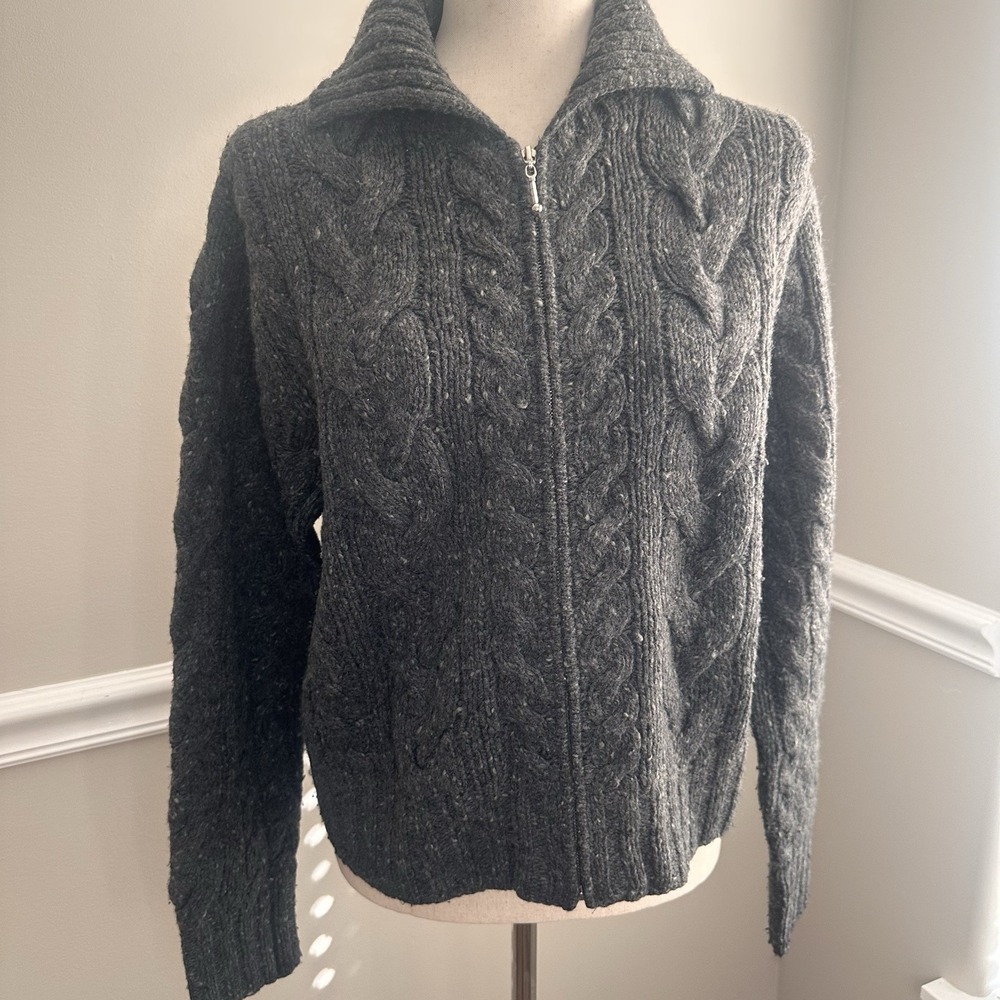Express Y2K Gray Wool Full Zip Chunky Cable Knit Cardigan Sweater L Fisherman